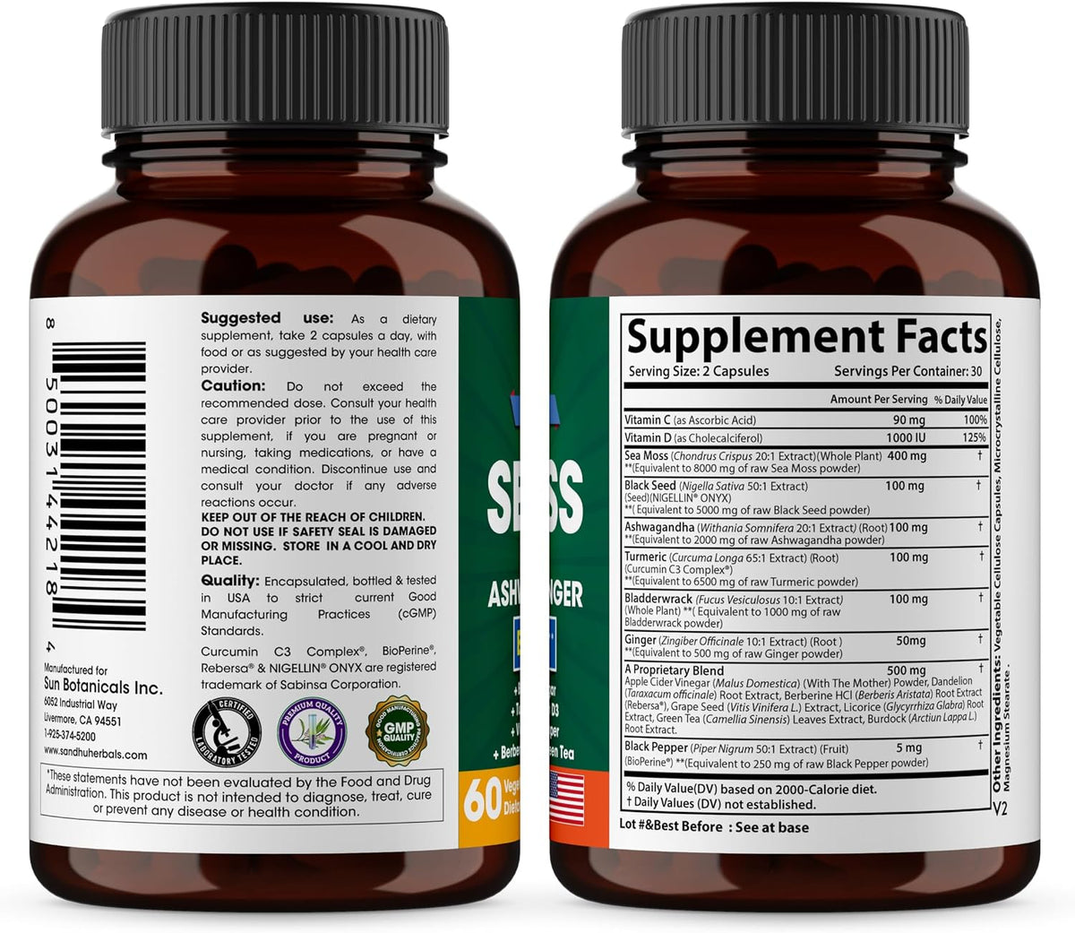 Sandhu Herbals Zinc 50mg & Sea Moss Black Seed Oil Ashwagandha Ginger Burdock Root Supplement for Men & Women| Made in USA