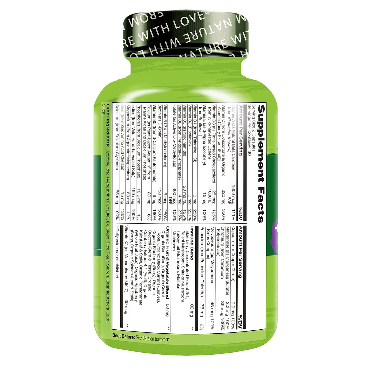 NATURELO Whole Food Multivitamin + Immune Blend with Elderberry & Mushrooms - Complete Multivitamin with Extra Immune Support - C, D3, Zinc, Elderberry, Reishi, Shitake - 60 Vegan Capsules