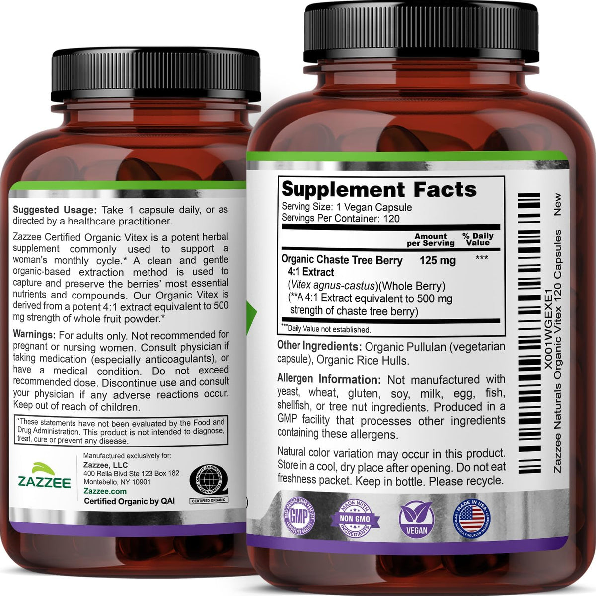Zazzee USDA Organic Vitex 4:1 Extract, 120 Vegan Capsules, 4 Month Supply, Chaste Berry, Hormonal Balance & Cycle Support for Women, Certified Kosher, Vitex Agnus-Castus, Non-GMO, Made in the USA