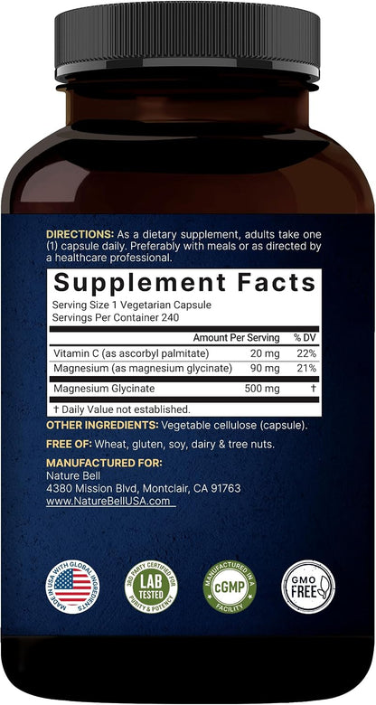 NatureBell Pure Magnesium Glycinate 500mg Per Serving, 240 Veggie Capsules | 100% Chelated & Purified Magnesium Supplement for Women & Men. 3rd Party Tested, Vegan Friendly, Non-GMO, Filler Free.