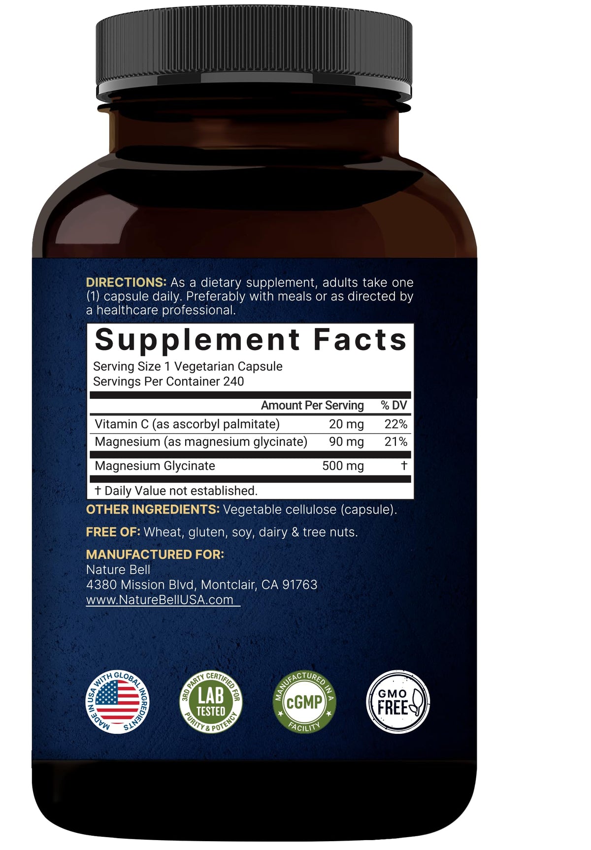 NatureBell Pure Magnesium Glycinate 500mg Per Serving, 240 Veggie Capsules | 100% Chelated & Purified Magnesium Supplement for Women & Men. 3rd Party Tested, Vegan Friendly, Non-GMO, Filler Free.