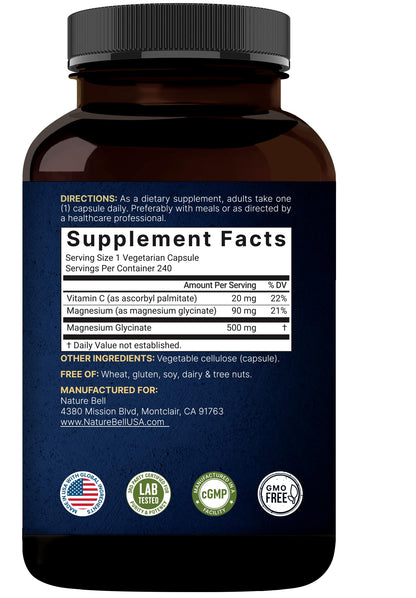 NatureBell Pure Magnesium Glycinate 500mg Per Serving, 240 Veggie Capsules | 100% Chelated & Purified Magnesium Supplement for Women & Men. 3rd Party Tested, Vegan Friendly, Non-GMO, Filler Free.