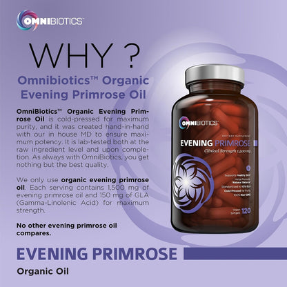 OmniBiotics Organic Evening Primrose Oil for Women – Clinical Strength 1500mg per Capsule, 10% GLA, Cold-Pressed, Non-GMO, Hormone Balance for Women – 120 Vegan Softgel Capsules (Pack of 2)