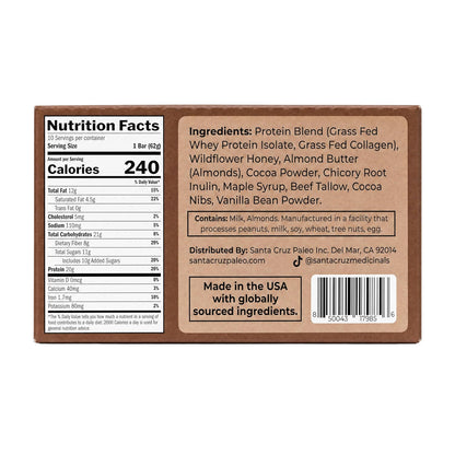 Santa Cruz Paleo Protein Bar – 20g Grass-Fed Whey & Collagen Protein – Wildflower Honey Sweetened, No Seed Oils, High Protein Snack Bar (Chocolate Flavor, Pack of 10)
