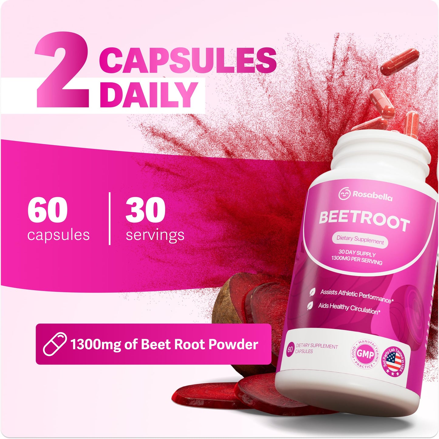 Rosabella Organic Beet Root Capsules - 1300mg Beet Root Powder Aids Healthy Circulation & Vitality, Non-GMO, Beet Root Supplement