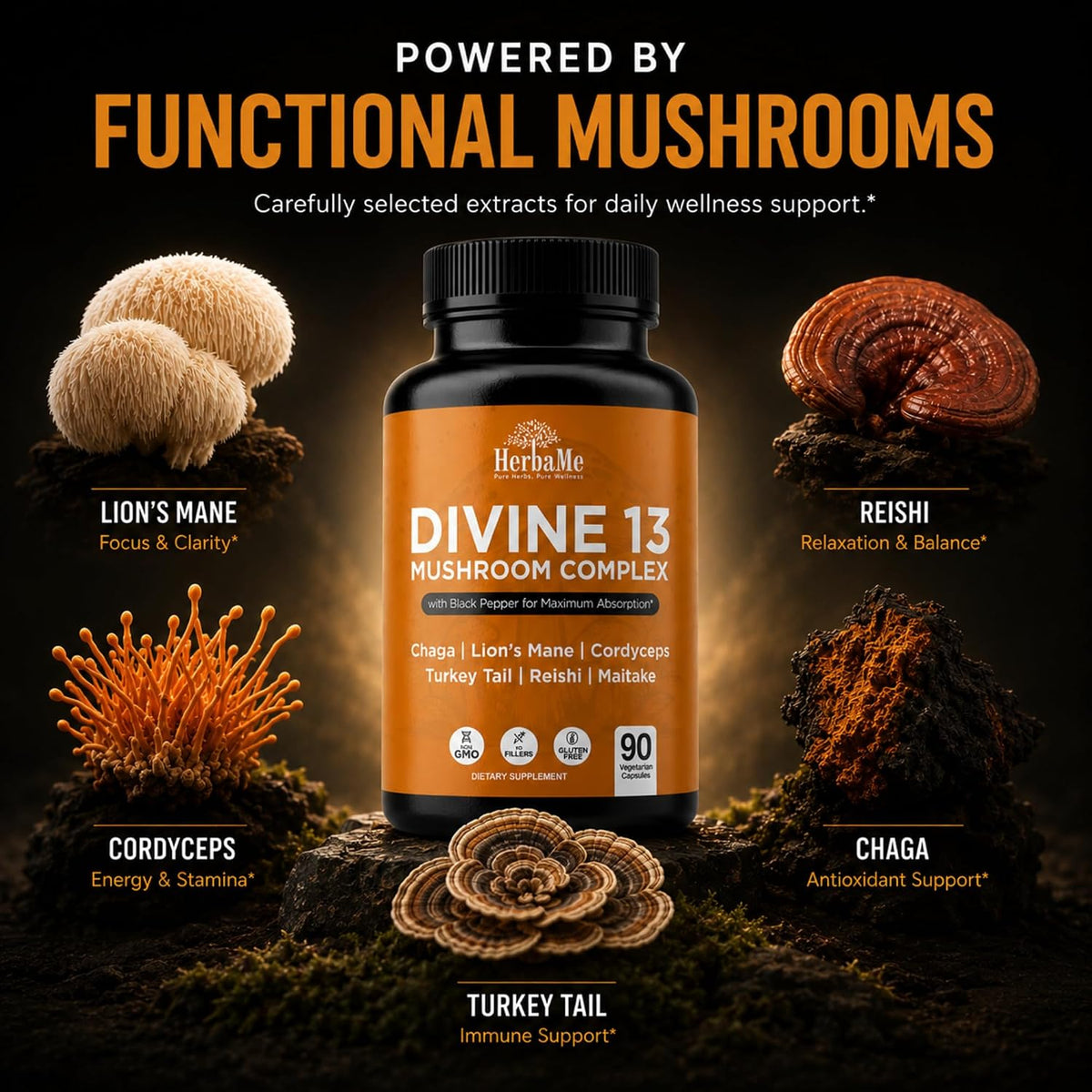 HerbaMe 13 Mushroom Extract Complex Capsules with Lion’s Mane, Cordyceps, Turkey Tail, Reishi & Chaga – Brain, Energy & Immune Support Supplement with Black Pepper for Absorption, 90 Count