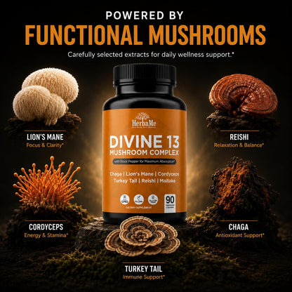 HerbaMe 13 Mushroom Extract Complex Capsules with Lion’s Mane, Cordyceps, Turkey Tail, Reishi & Chaga – Brain, Energy & Immune Support Supplement with Black Pepper for Absorption, 90 Count