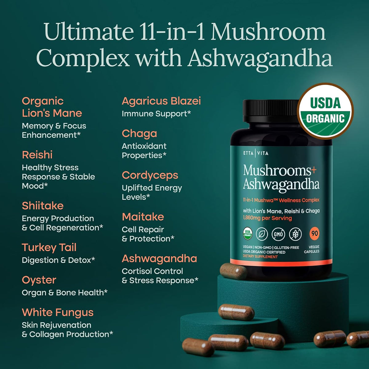 USDA Organic Lions Mane Supplement Capsule, 11-in1 Mushroom Complex 90ct | 10x adaptogenic mushroom supplement with ashwagandha, chaga, reishi, cordyceps, turkey tail, support energy, focus & immunity