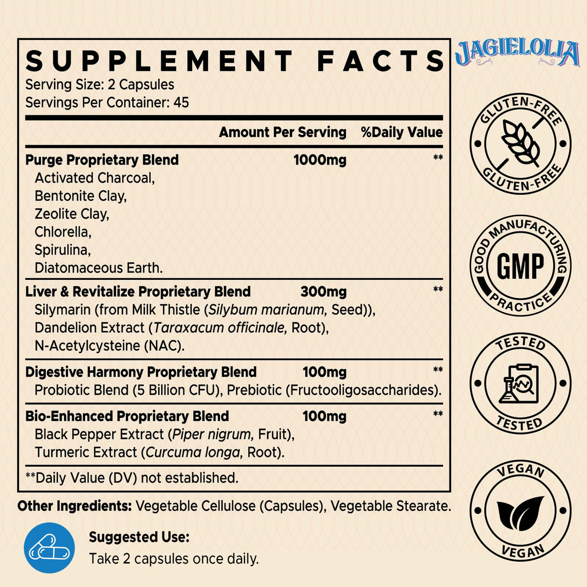 Jagielolia All-in-One Detox Binder Supplement 1500 MG - High Bioavailability, Liver Gut Detox Cleanse with Activated Charcoal, Zeolite & Bentonite Clay for Toxins, Liver, Digestive, 90 Vegan Capsules