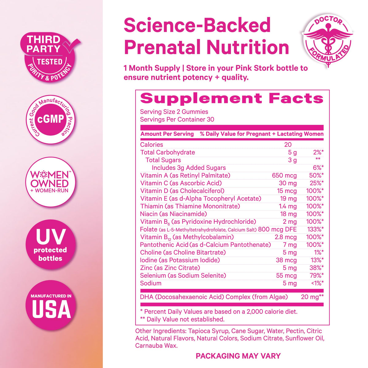 Pink Stork Premium Prenatal Gummy Vitamins, 60 Gummies, 30-Day Supply | Vegan Algae DHA, Methylated Folate + Methylcobalamin, MTHFR-Friendly, No Iron, No Fishy Aftertaste