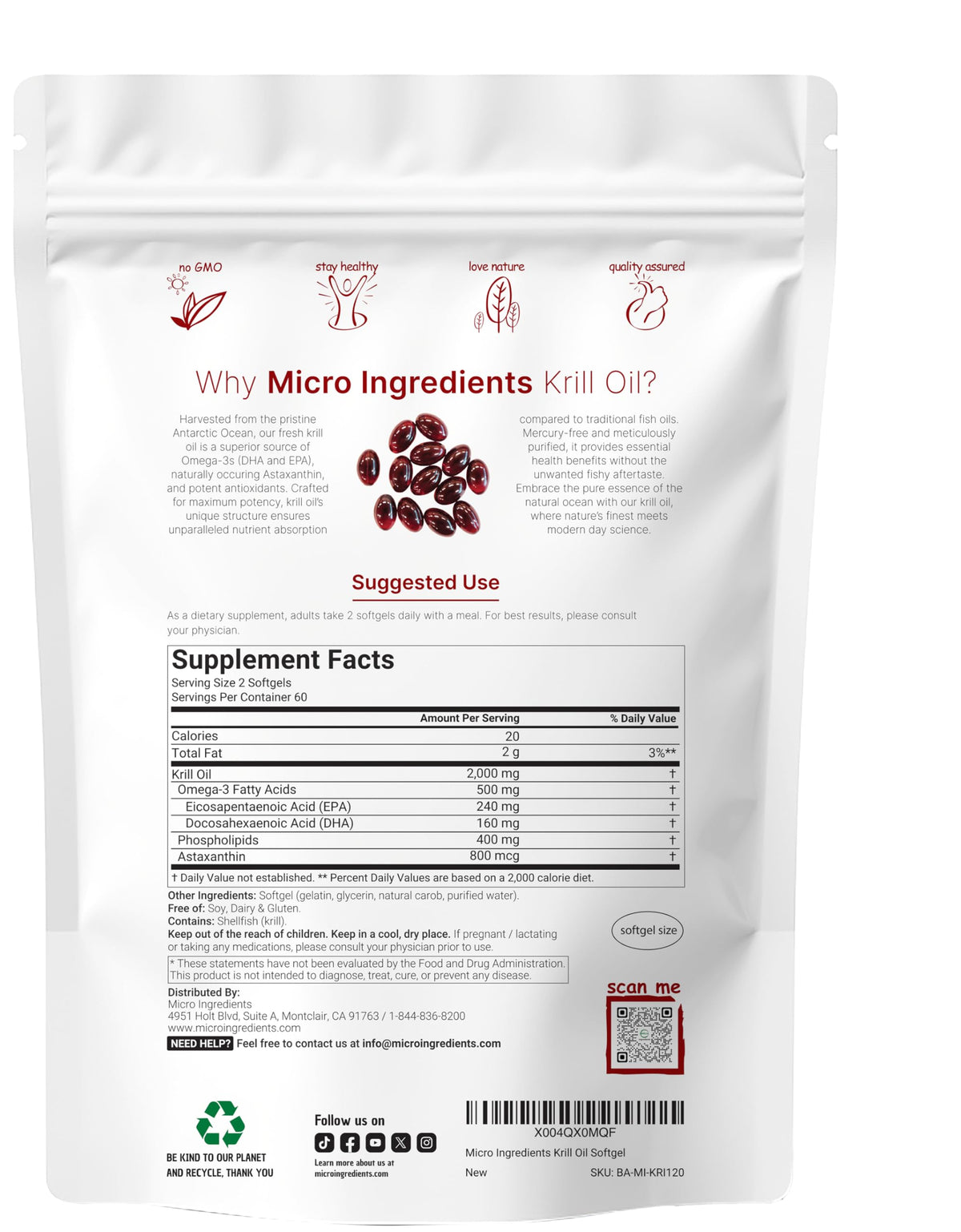 Micro Ingredients Antarctic Krill Oil Supplement 2,000mg Per Serving, 240 Softgels | Omega-3 EPA & DHA with Phospholipids & Natural Astaxanthin | No Fishy Aftertaste | Non-GMO, Gluten Free