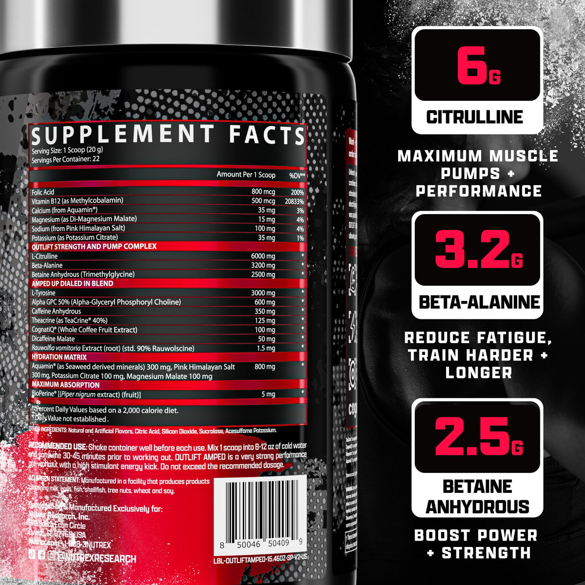 OUTLIFT Amped Max Dosed HIGH STIM Pre Workout Powder 6G Citrulline, 3.2G Beta Alanine, Alpha GPC, CognatiQ, Extreme Energy, Massive Pumps, Electrolytes (Strawberry Watermelon, 22 Servings)