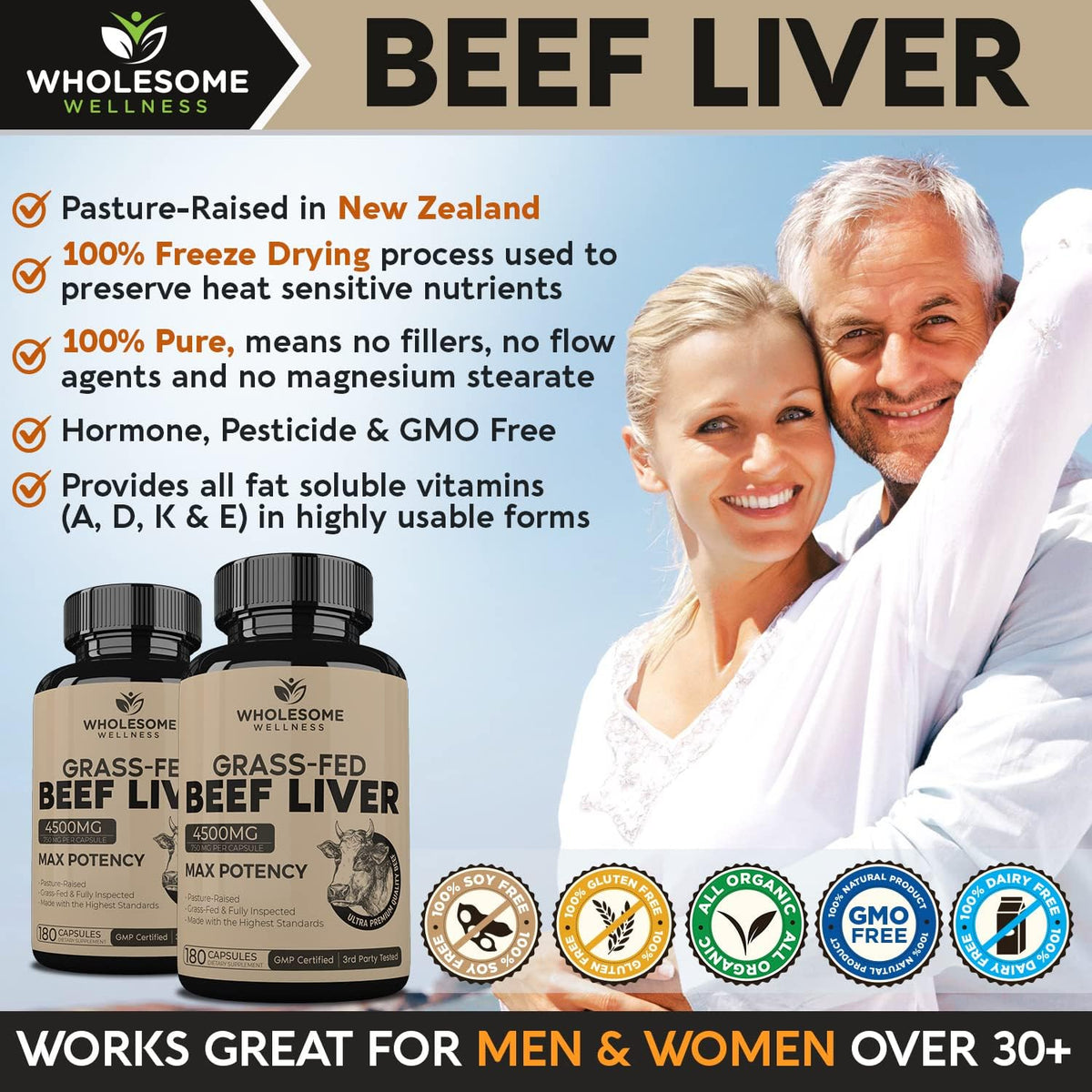 Wholesome Wellness Multi Collagen Protein Powder Hydrolyzed (Type I II III V X) + Grass Fed Desiccated Beef Liver Capsules (180 Pills, 750mg Each) - Natural Iron, Vitamin A, B12 for Energy Bundle