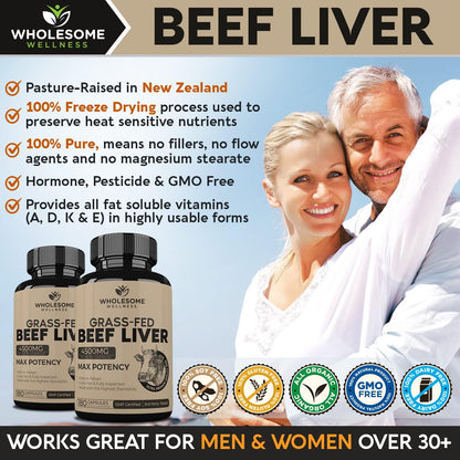 Wholesome Wellness Multi Collagen Protein Powder Hydrolyzed (Type I II III V X) + Grass Fed Desiccated Beef Liver Capsules (180 Pills, 750mg Each) - Natural Iron, Vitamin A, B12 for Energy Bundle
