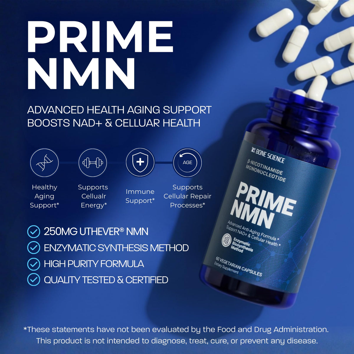 BONE SCIENCE Uthever NMN 6-in-1 with Pterostilbene, 72 Vegetarian Capsules