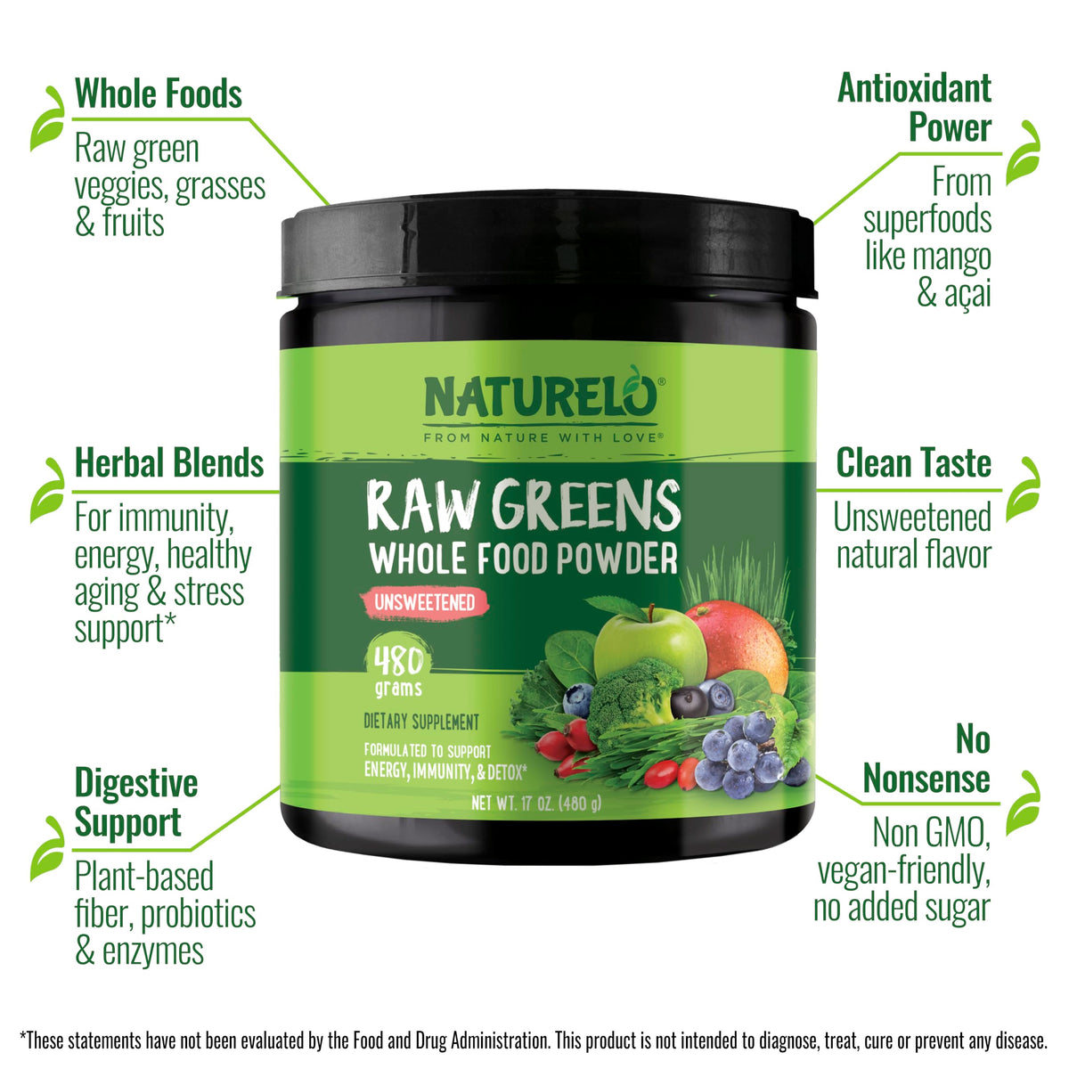 NATURELO Raw Greens Superfood Powder 480 Grams, Mixed Berry - Supports Energy, Immunity and Detox - Includes Spirulina, Wheat Grass and Organic Greens for Whole Food Nutrition