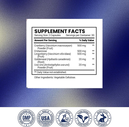 Research Verified UTI Relief - Urinary Tract Support Supplement - 100% Natural, Vegan with Lingonberry, Cranberry & D-Mannose - 1 Bottle (1 Month Supply)