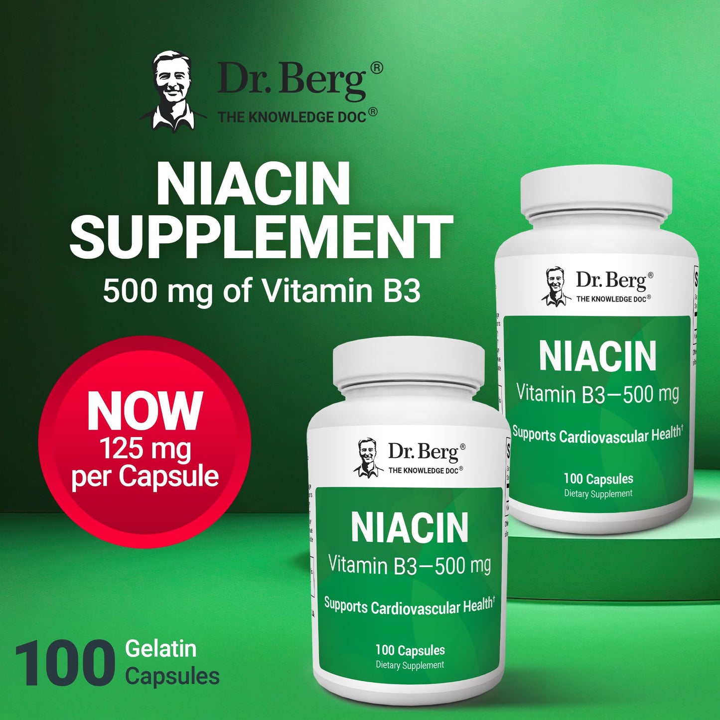 Dr. Berg Highly-Potent Niacin 500 mg – Now Only 125 mg per Capsule for Niacin Flush Tolerance Building – Gradually Increase to 500mg a Day – Vitamin B3 for Heart