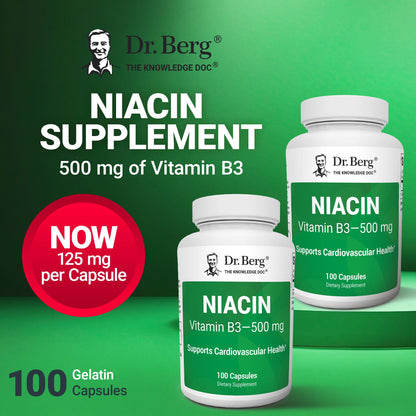 Dr. Berg Highly-Potent Niacin 500 mg – Now Only 125 mg per Capsule for Niacin Flush Tolerance Building – Gradually Increase to 500mg a Day – Vitamin B3 for Heart