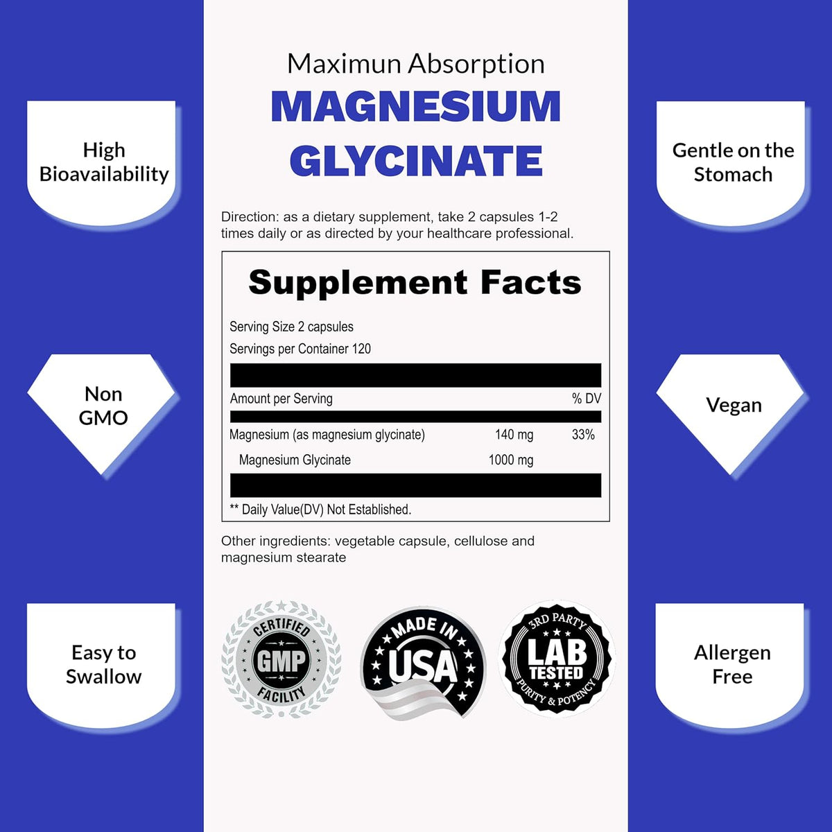 UpNourish Chelated Magnesium Glycinate 500mg Capsules - Magnesium Chelate for High Absorption - Pure Magnesium Supplement 480 Capsules