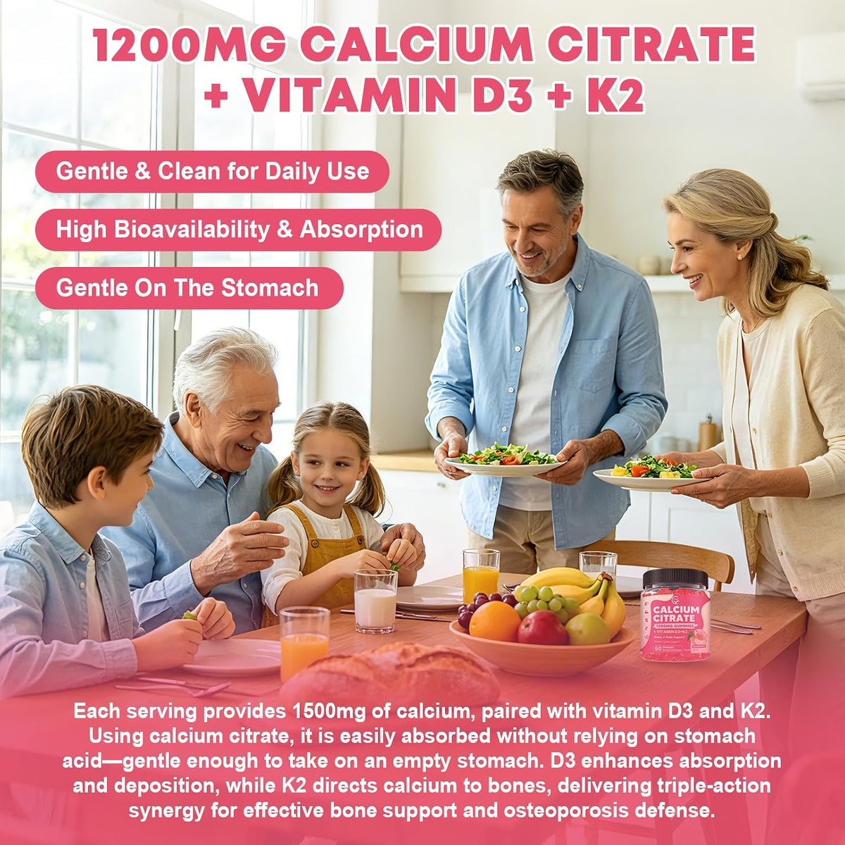 Calcium Citrate Gummies 1200 mg with Vitamin D3, K2 for Bone, Muscle & Immune Support, High Absorption Chewable Calcium Supplements for Women & Men, Sugar Free, Vegan, Peach Flavor, 60 Chews