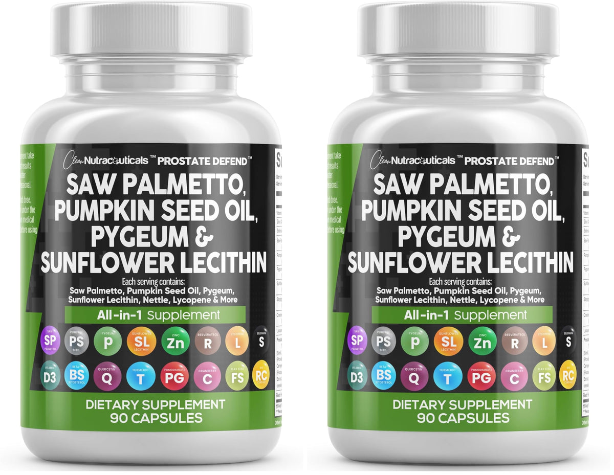Clean Nutraceuticals Saw Palmetto Pumpkin Seed Oil Pygeum Sunflower Lecithin Stinging Nettle Cranberry - Prostate Supplements for Men with Lycopene - 90 Caps