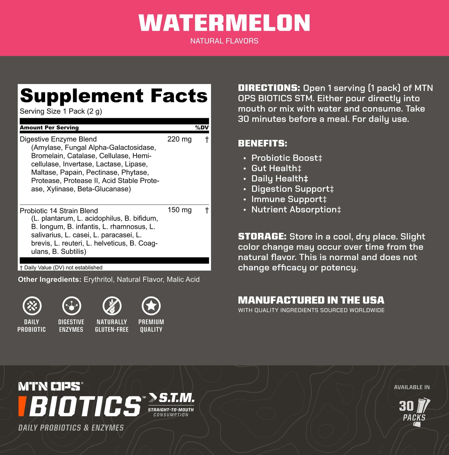MTN OPS Biotics STM On‑the‑Go Probiotic Supplement for Gut Health, Digestion & Immune Support – Sugar‑Free, Natural Flavors Variety Pack, 30 Servings – Fast, Convenient Daily Gut Health Formula