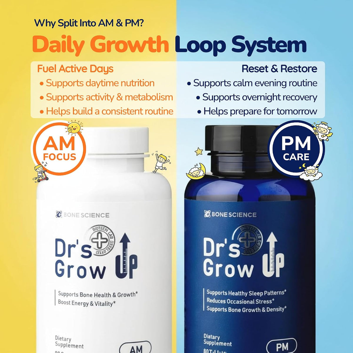 BONE SCIENCE Dr's Grow UP AM & PM Bone Support for Kids & Teens, D3 K2 MK-7
