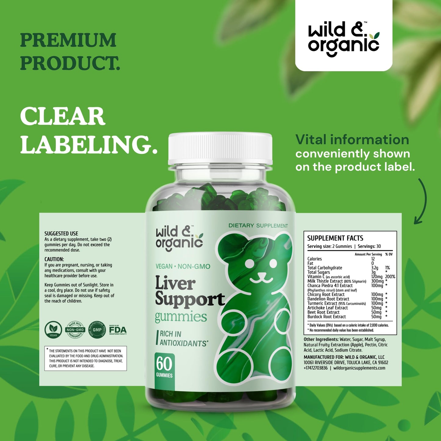 Wild & Organic Liver Support Gummies - Milk Thistle, Dandelion Root Extract for Liver Cleanse Detox - 60 Silymarin Milk Thistle Gummies