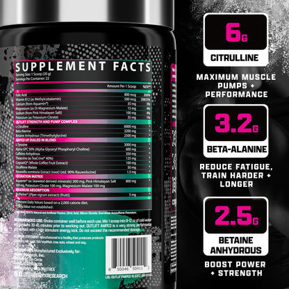 OUTLIFT Amped Max Dosed HIGH STIM Pre Workout Powder 6G Citrulline, 3.2G Beta Alanine, Alpha GPC, CognatiQ, Extreme Energy, Massive Pumps, Electrolytes (Strawberry Watermelon, 22 Servings)