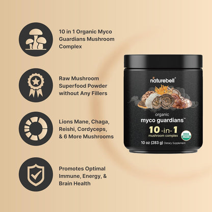 NatureBell Magnesium Glycinate Capsules 500mg & Myco Guardians 10 in 1 Mushroom Powder 10oz Bundle Pack | Chelated & Purified Mineral | Immune Booster & Brain Health Support
