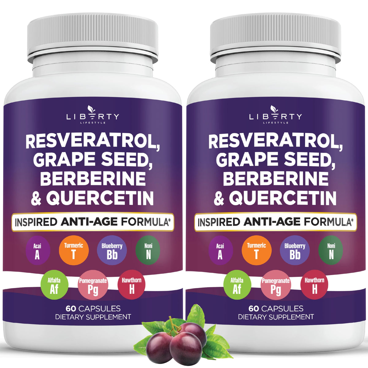 Liberty Lifestyle Resveratrol, Berberine, Grape Seed Extract, Quercetin, Polyphenol Supplement for Women and Men with Noni Extract, N-Acetyl Cysteine, Acai Extract - 2-Pack