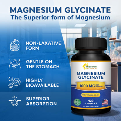 Magnesium Glycinate 1000mg with Vitamin D3 & B6-500mg per Capsule - Pure Elemental Mag Supplement Complex for Sleep, Muscle, Bone Health - Replace Gummies, Tablets & Powder - 120 Capsules aSquared NutritionBuy Supplements Australia
