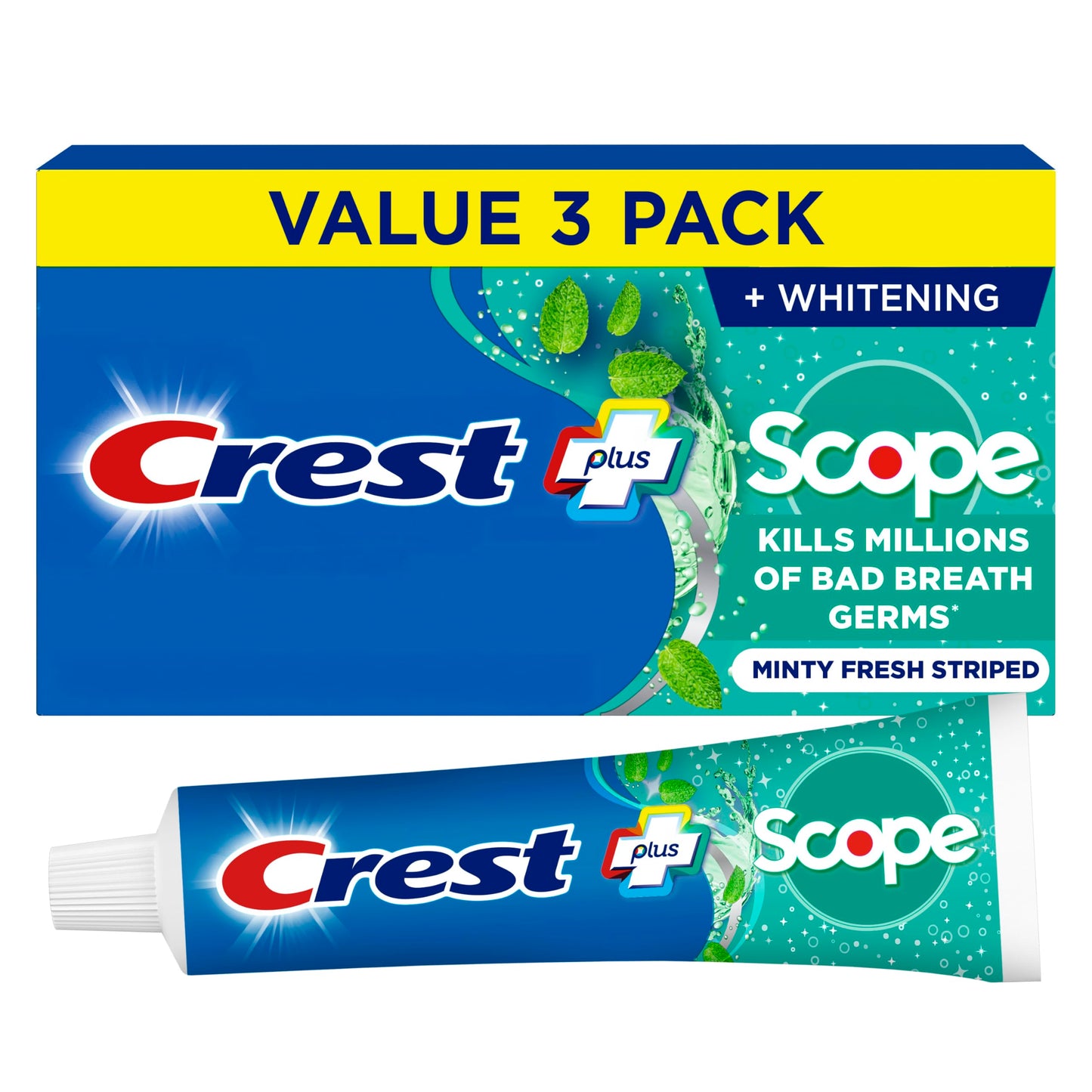 Crest + Scope Whitening Toothpaste - Pack of 3, 5.4 Oz Tubes - Anticavity Fluoride Toothpaste, Fresh Breath, Kills Germs - Tartar Protection,