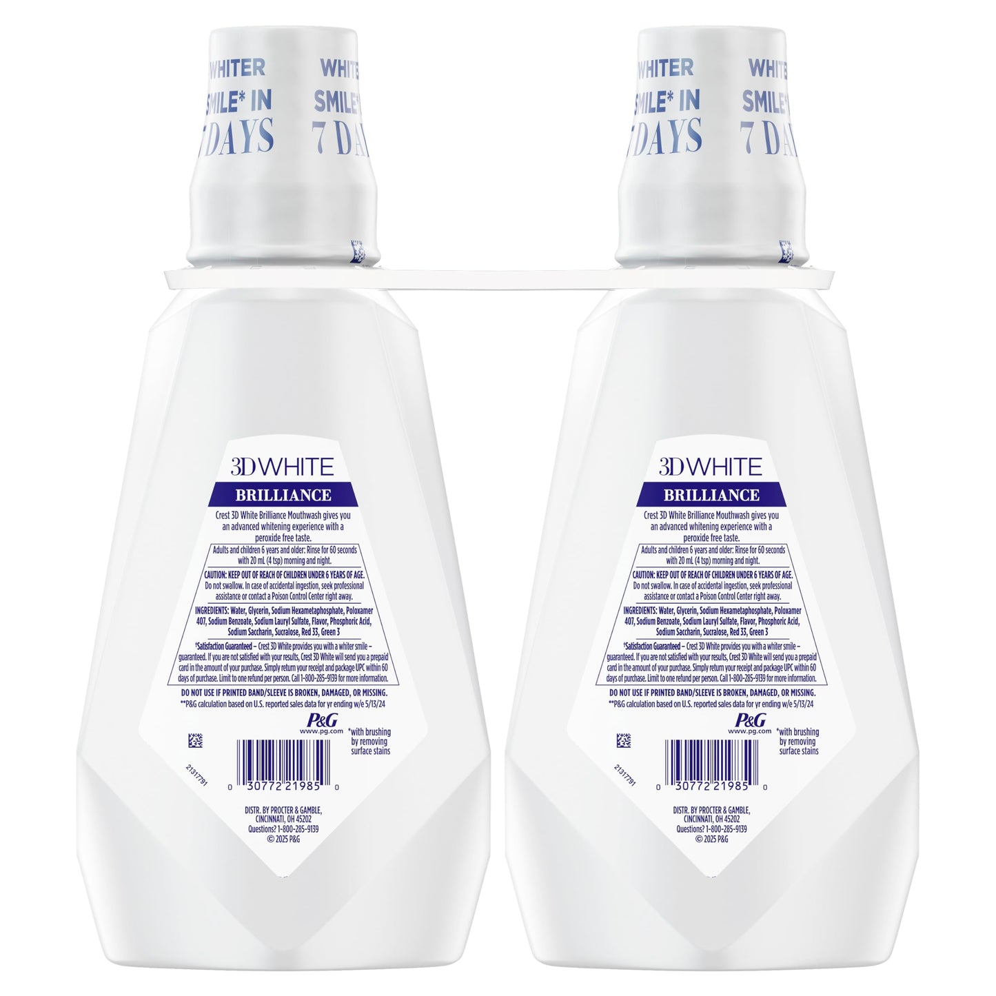 Crest 3D White Mouthwash, Teeth Whitening for Adults, 1L, 2 Pack, Alcohol Free Mouth Rinse, Breath Freshener, Antibacterial, Antiseptic,