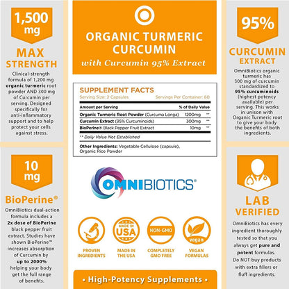 OmniBiotics Organic Turmeric Curcumin Supplement with Black Pepper Extract – 1500mg Turmeric with 95% Curcuminoids & BioPerine, High Absorption for Joint Support – 120 Vegan Capsules