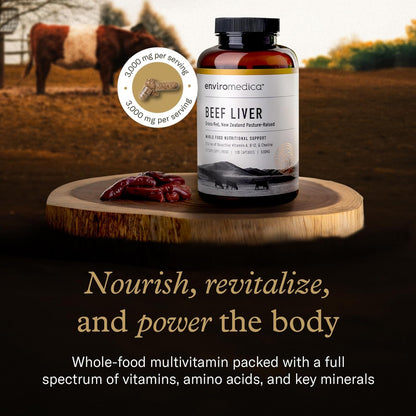 Enviromedica Grass Fed Beef Liver Capsules, Freeze-Dried, 180 Count | Pasture-raised New Zealand bovine liver, preformed vitamin A. Whole-food organ supplement for men & women. 180 capsules.