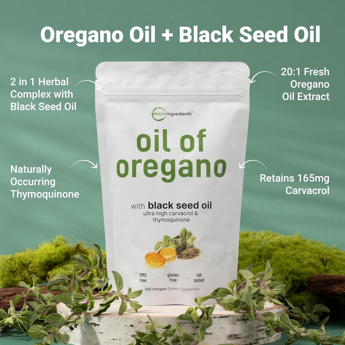 Micro Ingredients Oil of Oregano Softgels & Mega Probiotics 200 Billion CFU Veggie Capsules | 2 Pack Bundle | 4X Strength Thymoquinone + Black Seed | 40 Strains + Inulin, Acacia,& Bromelain