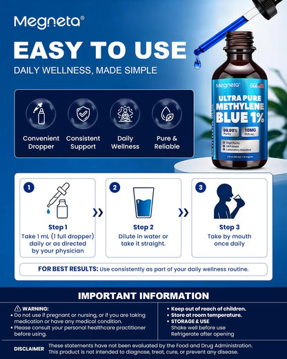 Ultra Pure Methylene Blue Pharmaceutical Grade 1% USP Drops, Brain Health Dietary Supplement for Humans,3rd Party Tested,No Formaldehyde, Made in USA, 2 Fl Oz (60 mL)