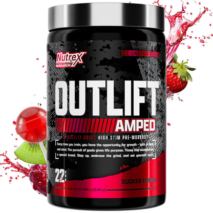 OUTLIFT Amped Max Dosed HIGH STIM Pre Workout Powder 6G Citrulline, 3.2G Beta Alanine, Alpha GPC, CognatiQ, Extreme Energy, Massive Pumps, Electrolytes (Strawberry Watermelon, 22 Servings)
