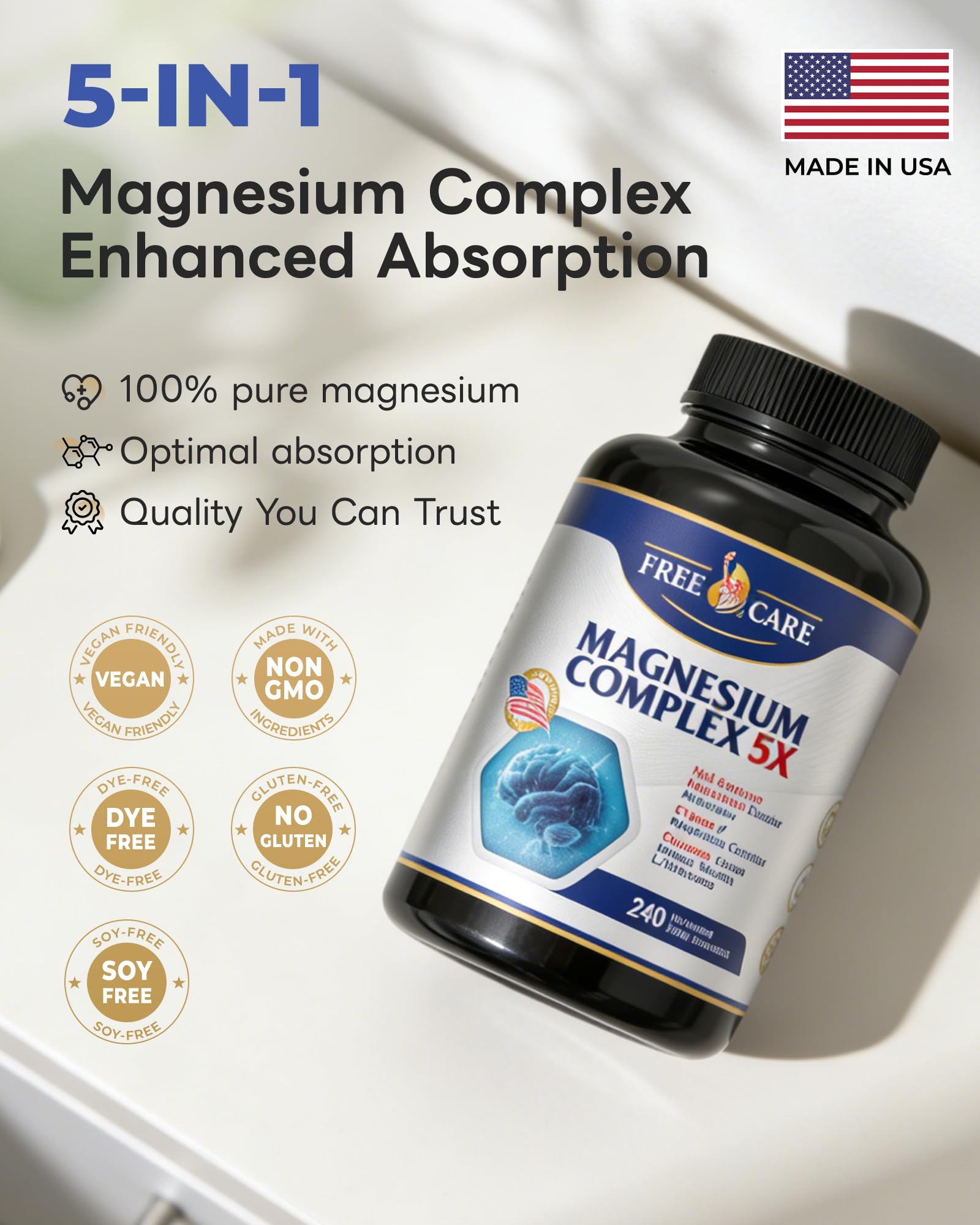 820mg Magnesium Complex 240 Veggie Capsules,for Women & Men with Magnesium Glycinate,Citrate, Malate,Taurate & L-Threonate for Sleep, Mood, Muscle Relaxation & Nerve Function Vegan Friendly, Non-GMO - dailyvitalstore