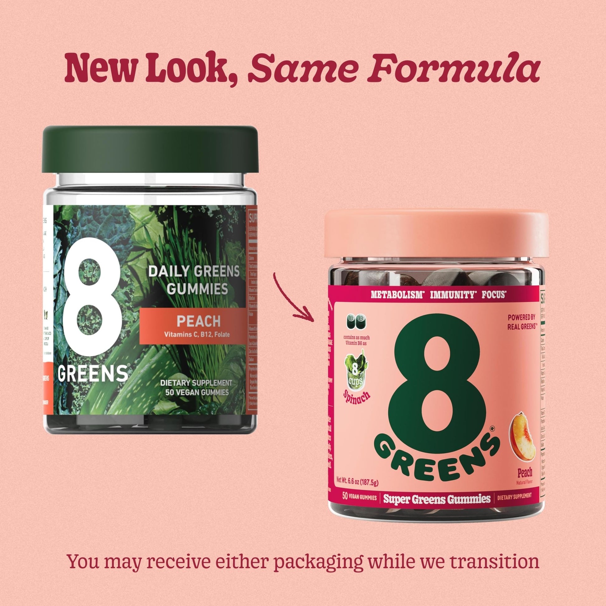8Greens Supergreens Gummies | Super Greens Powder Superfood Gummy for Metabolism, Immunity & Focus, Digestive Health Enzymes, Organic: Chlorella, Spirulina, Aloe Vera, Peach Flavor, 200 Count - dailyvitalstore