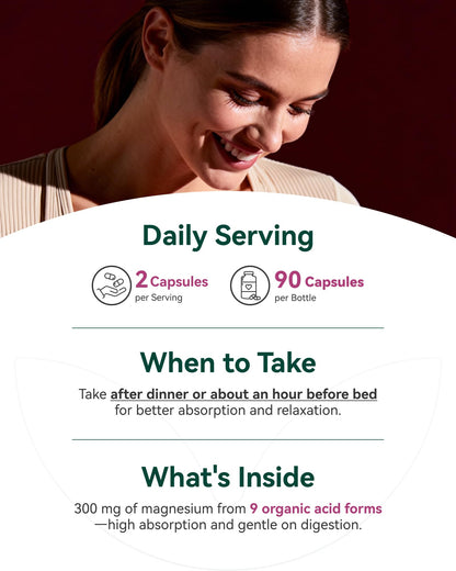 9-in-1 Magnesium Complex, 300mg Magnesium from 9 Organic Forms, Glycinate, Citrate, Malate, High Absorption for Sleep & Relaxation, Energy & Muscle Support, 90 Capsules - dailyvitalstore
