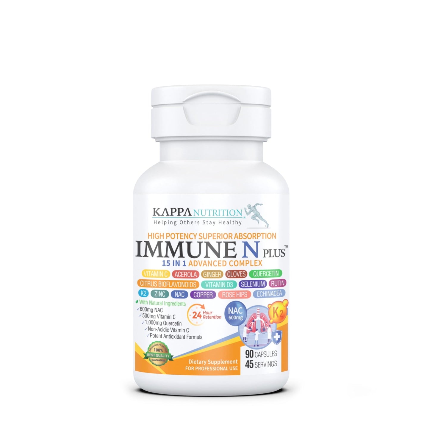 (90 Capsules), NAC 600mg, Quercetin 1,000mg, Vitamin C 500mg, Zinc 50mg, Vitamin D3 5,000iu, Selenium, Copper, Acerola, Ginger, Rutin, Citrus Bioflavonoids, Rose Hips, Echinacea, Immune N Plus 15 in 1 - dailyvitalstore