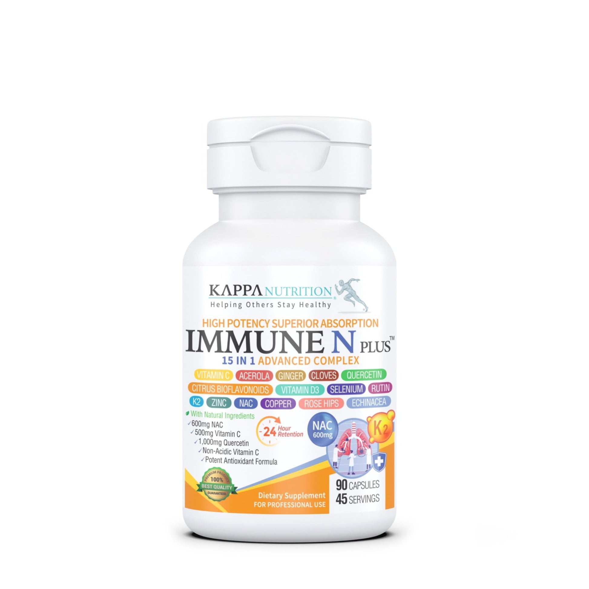 (90 Capsules), NAC 600mg, Quercetin 1,000mg, Vitamin C 500mg, Zinc 50mg, Vitamin D3 5,000iu, Selenium, Copper, Acerola, Ginger, Rutin, Citrus Bioflavonoids, Rose Hips, Echinacea, Immune N Plus 15 in 1 - dailyvitalstore