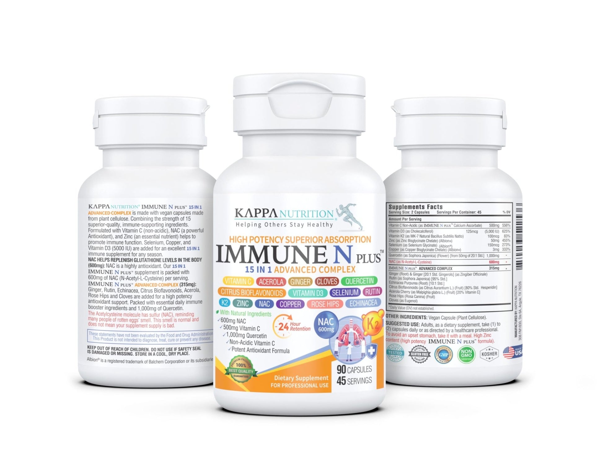 (90 Capsules), NAC 600mg, Quercetin 1,000mg, Vitamin C 500mg, Zinc 50mg, Vitamin D3 5,000iu, Selenium, Copper, Acerola, Ginger, Rutin, Citrus Bioflavonoids, Rose Hips, Echinacea, Immune N Plus 15 in 1 - dailyvitalstore