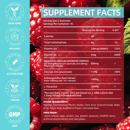 90 Count Magnesium Glycinate Gummies 400 mg - Sugar Free Magnesium Supplement for Adults with Glycinate & Malate, L-Theanine, Ashwagandha, Zinc, Vitamin B6 & D3, Supports Relaxation & Sleep - dailyvitalstore