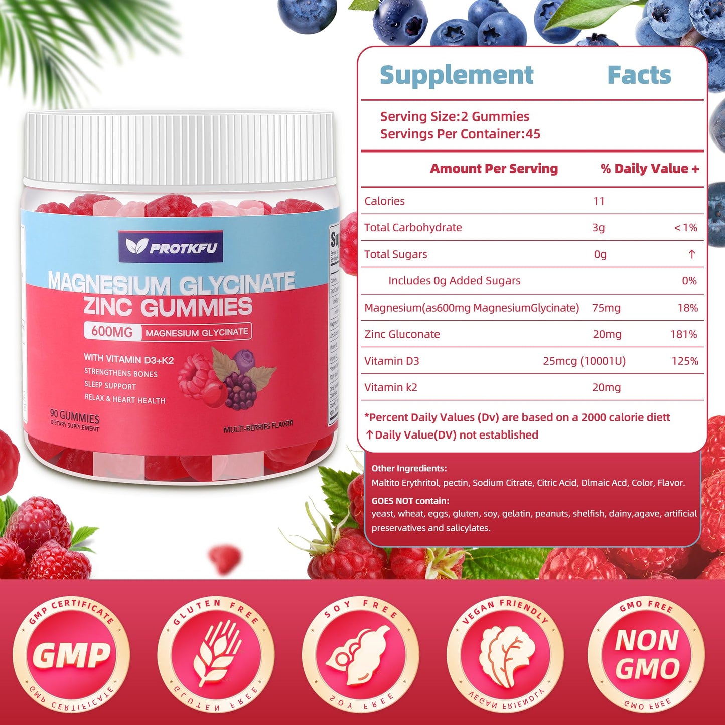 90 CT Magnesium Glycinate Gummies 600mg, Sugar Free Magnesium Gummies w/Zinc & Vitamin D3 & K2 - Magnesium Supplements for Sleep, Supports Bone Health, Nerve & Immune Function - dailyvitalstore