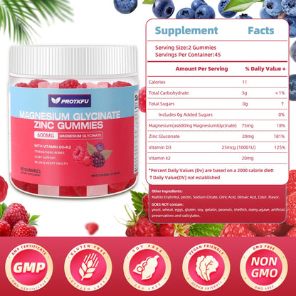 90 CT Magnesium Glycinate Gummies 600mg, Sugar Free Magnesium Gummies w/Zinc & Vitamin D3 & K2 - Magnesium Supplements for Sleep, Supports Bone Health, Nerve & Immune Function - dailyvitalstore