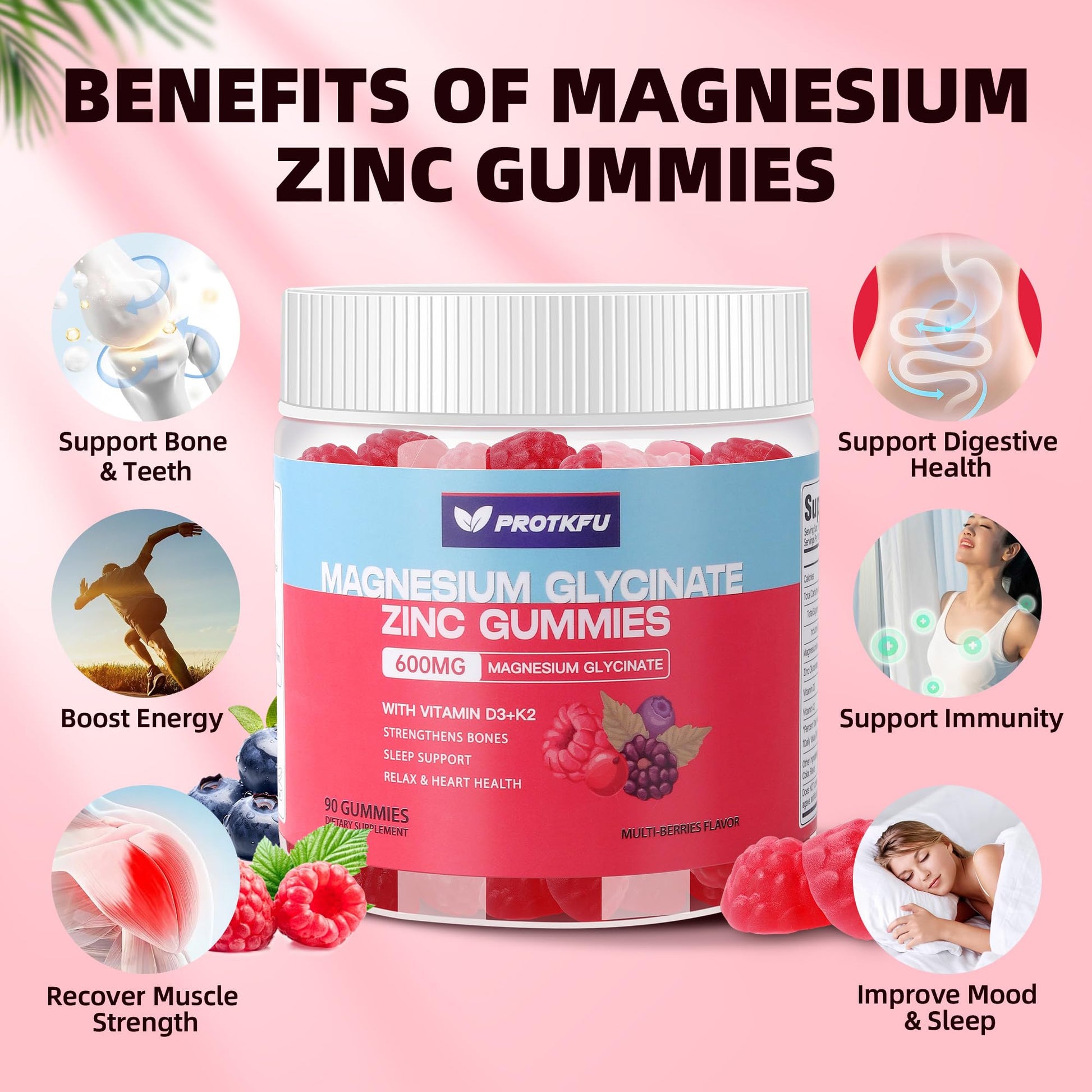 90 CT Magnesium Glycinate Gummies 600mg, Sugar Free Magnesium Gummies w/Zinc & Vitamin D3 & K2 - Magnesium Supplements for Sleep, Supports Bone Health, Nerve & Immune Function - dailyvitalstore